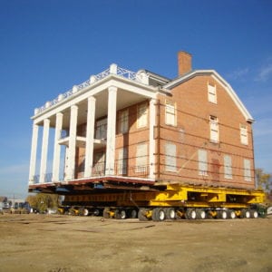 Ingersoll Mansion raised on dolly view of how large pillars supporting third floor balcony.