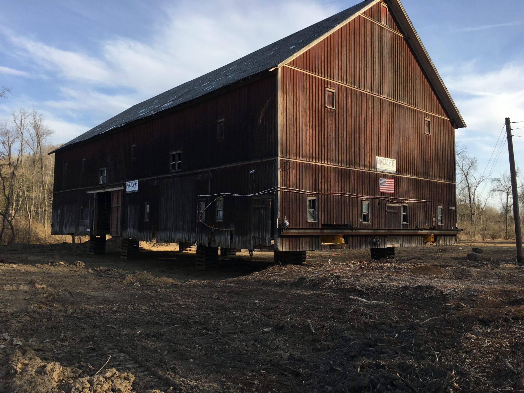 Historic Hilton Barn Move in New Scotland, NY Lifted Far Front Angle