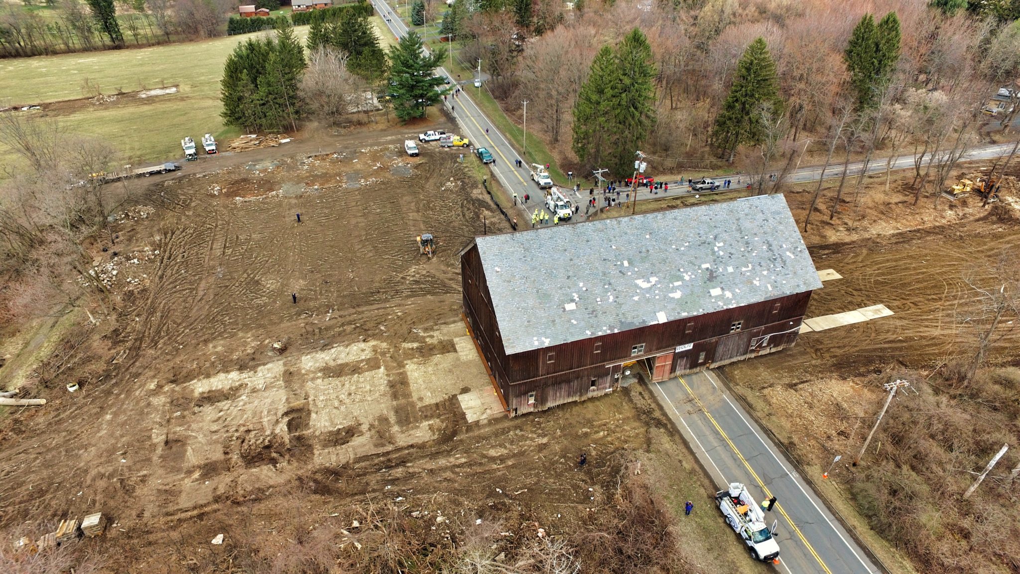 Historic Hilton Barn Move in New Scotland, NY Aerial