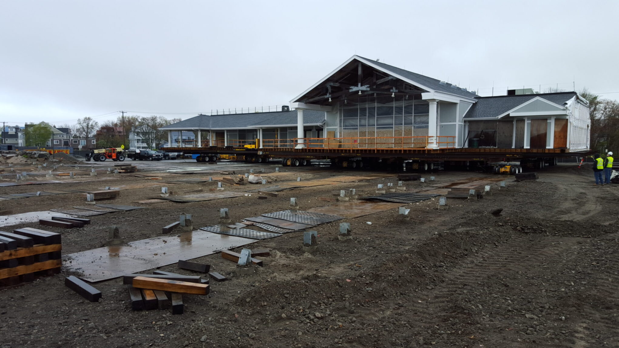 Penfield Pavilion moved aside by dolly as repairs to foundation are conducted.