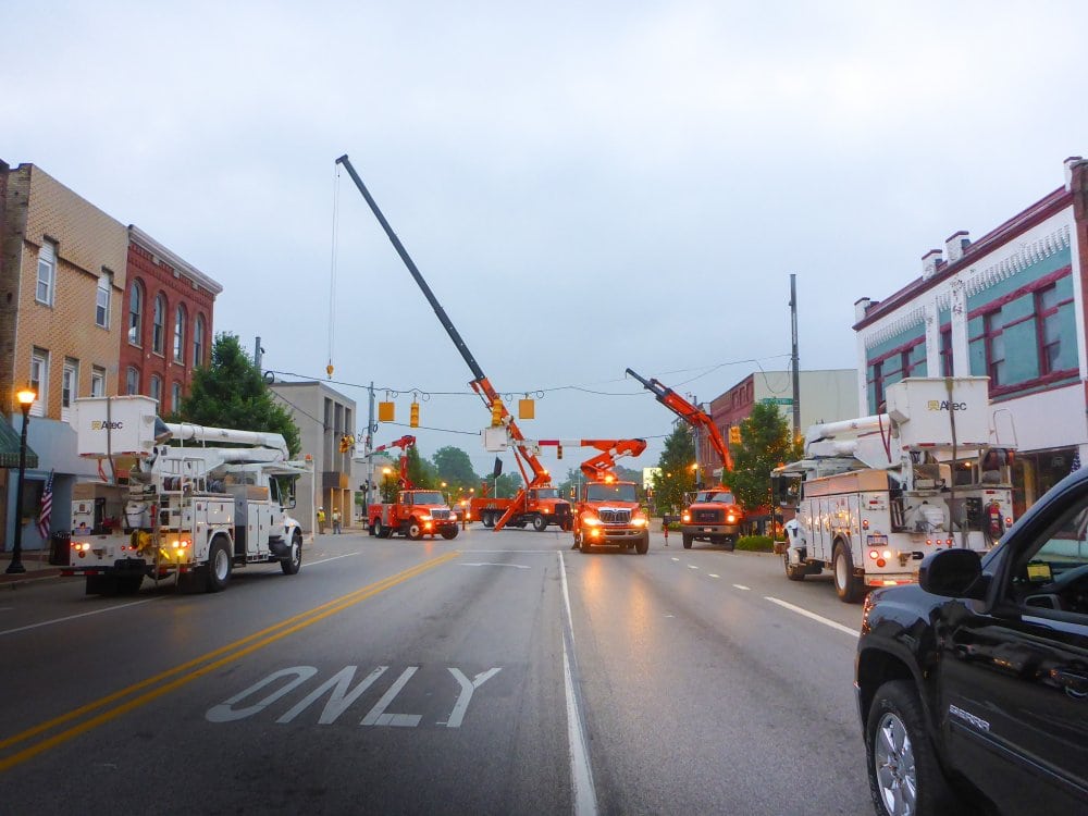 At 6:00 AM the main roads through town are closed and traffic is rerouted. The streets are quiet except for the MDOT crews getting an early start preparing their traffic signals for the move.