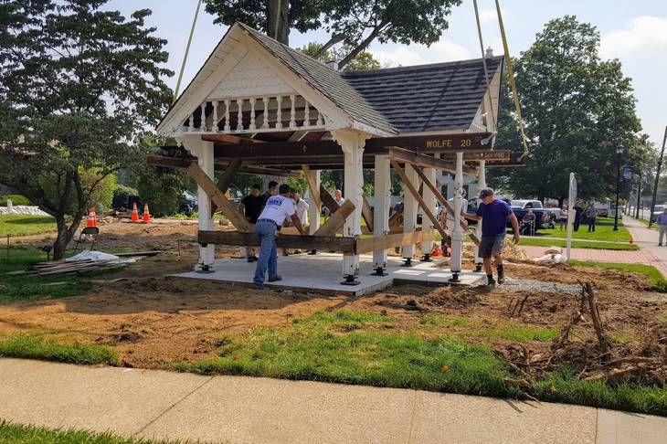 Gazebo being braced in preparation for moving.