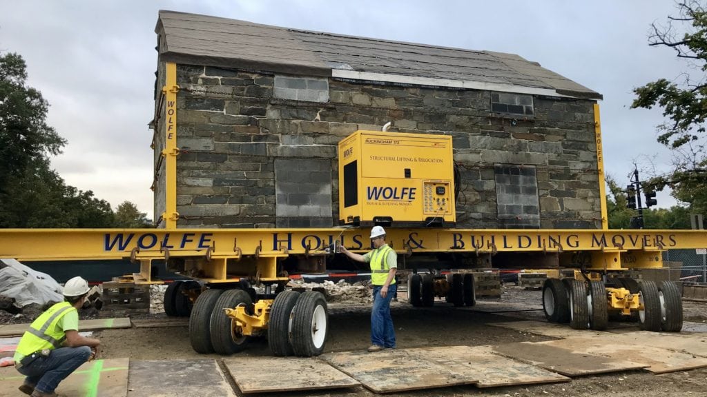 Historic stone house moving on the Buckingham Powered dolly system.