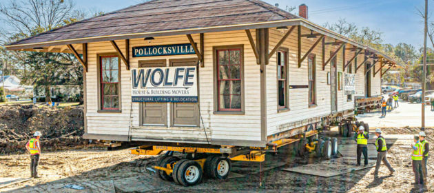 The historic Pollocksville Depot is relocated to new site