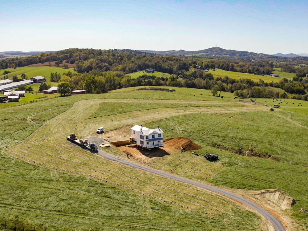 Aerial view of Virginia farmhouse sitting in new location