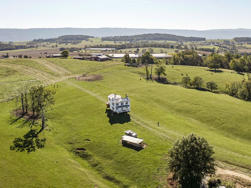 Aerial view of Virginia farmhouse move