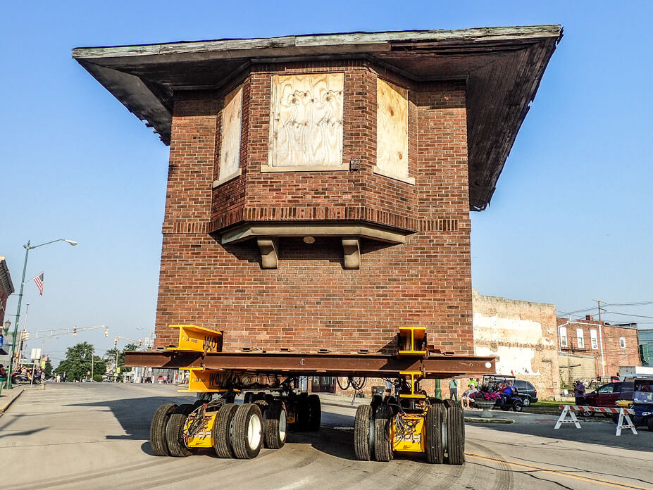 Union City rail tower on house moving dollies