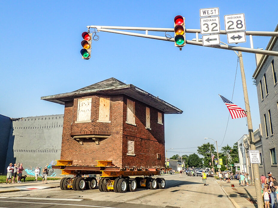 Union City rail tower with traffic light in foreground