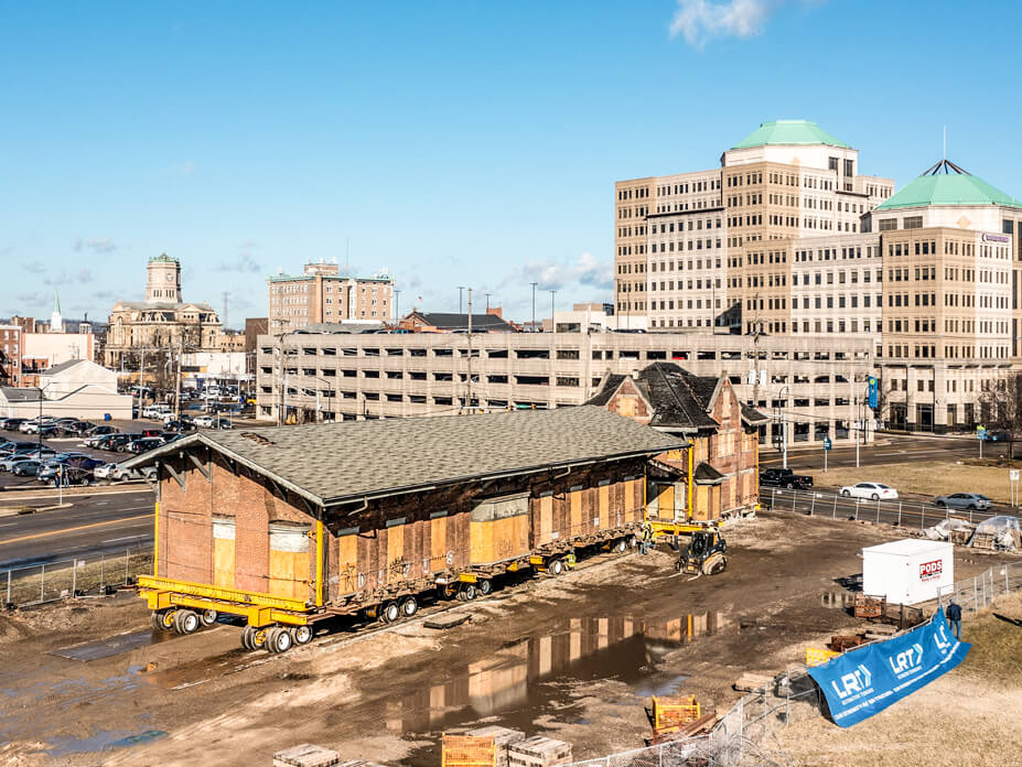 Aerial view of the two sections of the Hamilton Depot in final placement next to each other at the new location