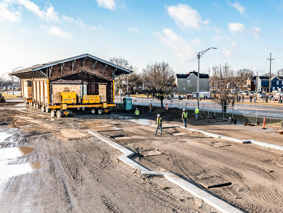 A Wolfe foreman drives the second section of the Hamilton Depot over the new footers