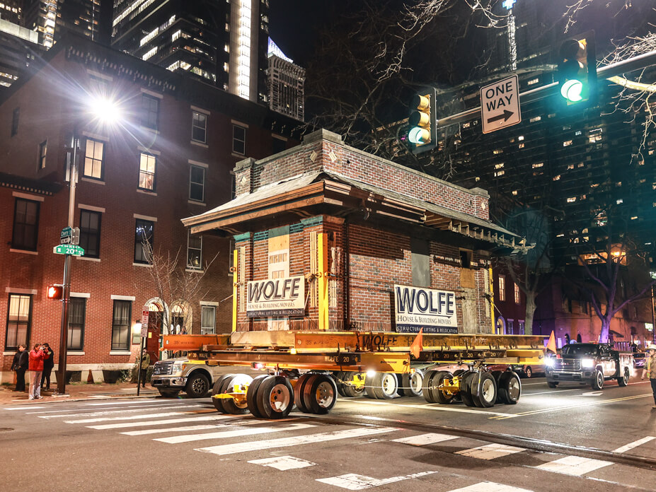 Small brick gas station being moved in Philadelphia