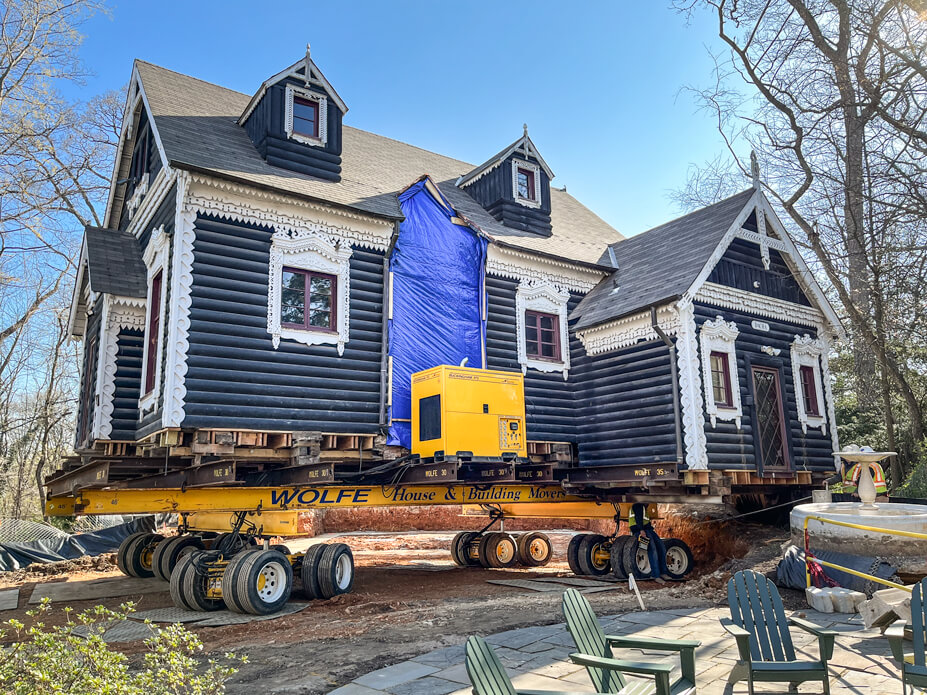 Close up view of Dacha on Wolfe steel beams and dollies