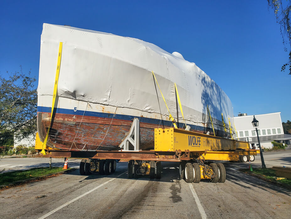 USS Sequoia is moved on Wolfe steel beams and housemoving dollies