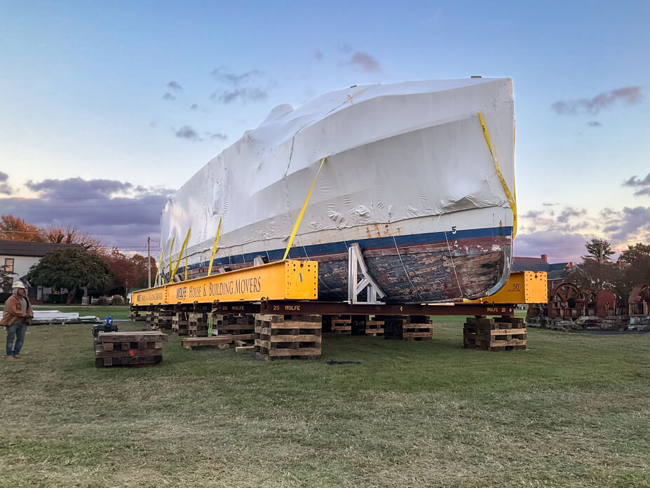 USS Sequoia sits on beams and cribbing