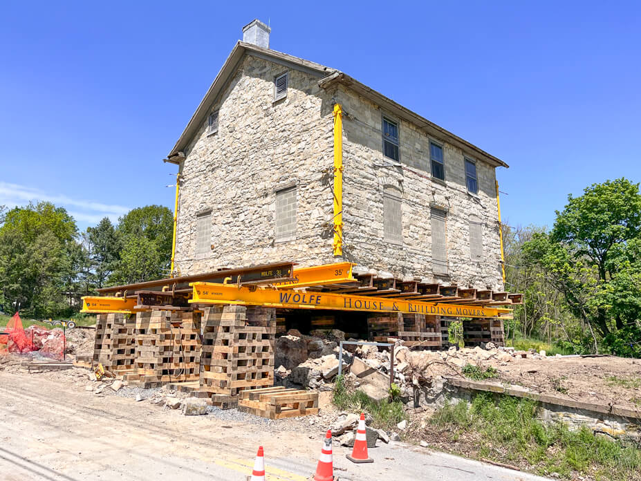 Junkin House sits on steel beams and cribbing