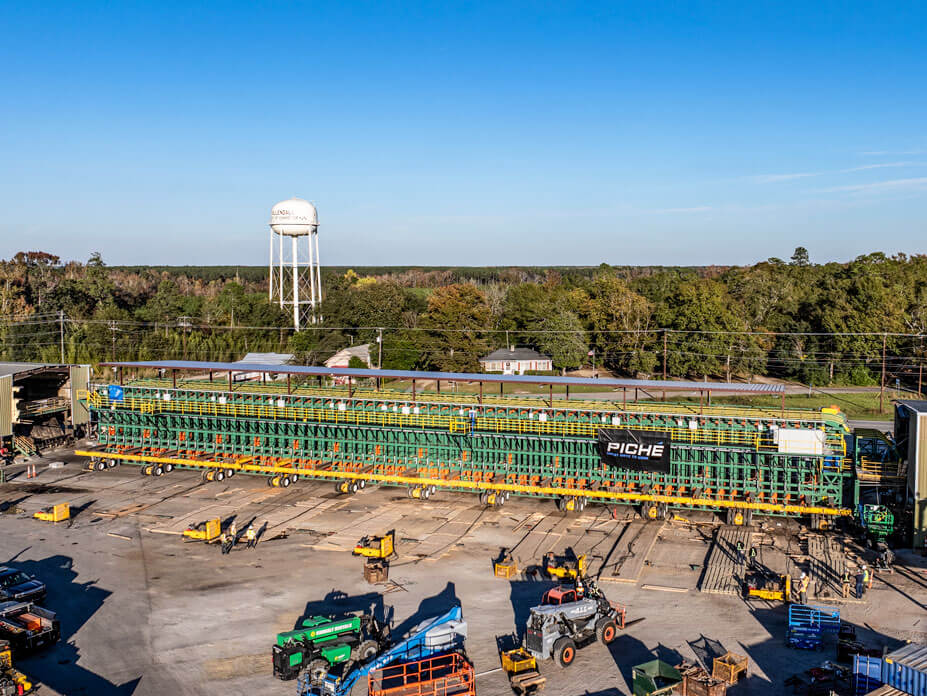 Aerial view of lumber sorter with dollies and unified jacking machines
