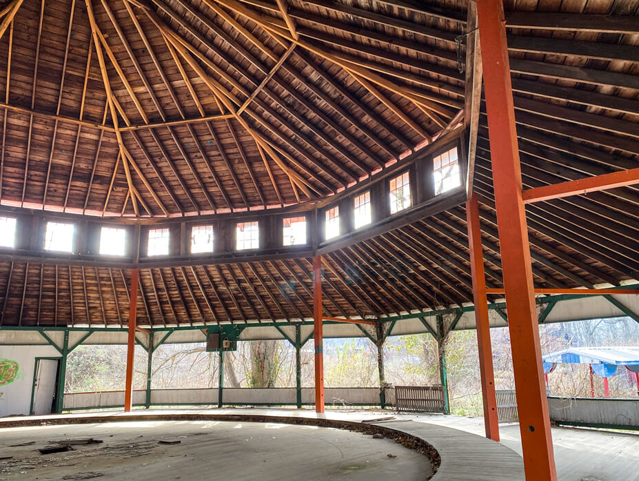 Roof rafter view of the interior of the Williams Grove Carousel House