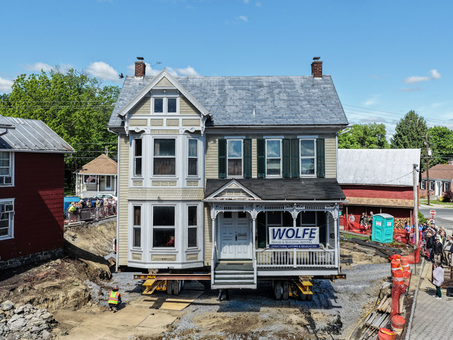 Shot of the home in the process of being moved.
